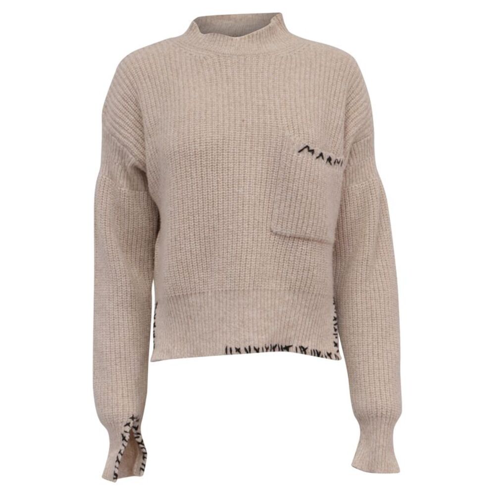 Marni Logo-Embroidered Sweater in Beige Wool